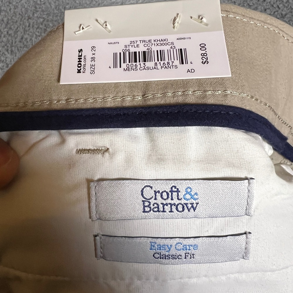 Croft & Barrow Khaki Pants Mens 38x29 Tan New Classic Fit Flat Front - Picture 10 of 11